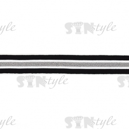Тесьма трикотажная (лампасная), ширина 25 мм, цвет черный/белый/серебро, намотка 70 метров  фото 3