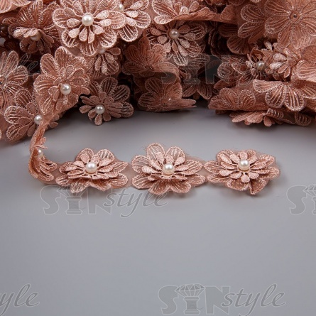 Цветочки из капроновой ленты, ширина 55 мм, намотка 20 ярдов, цвет капучино (№ 17)+белые бусины фото 1