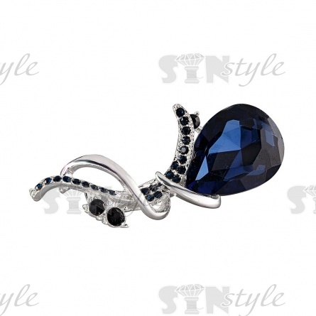 Брошь со стразами  размер 22х56 мм, цвет никель+синие стразы, застежка булавка фото 2