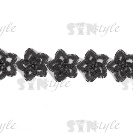 Кружево "Цветочки" украшено бусиной , на капроновой ленте, ширина 55 мм, цвет черный, намотка 20 ярдов фото 2