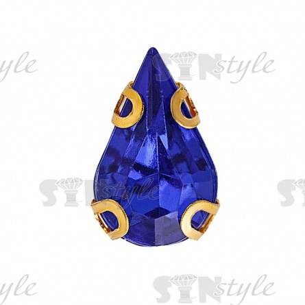 Стразы пришивные акриловые в цапах, форма капля, цвет золото+ярко-синий, размер 6х10мм, 200 шт/уп. фото 1