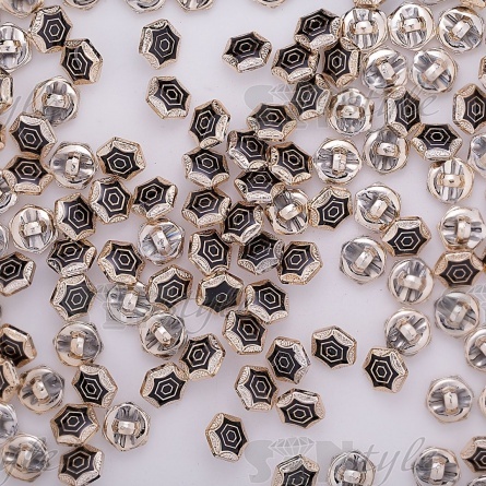 Пуговица пластиковая на ножке, 20L, в форме шестигранника, золотая основа с черной эмалью фото 3