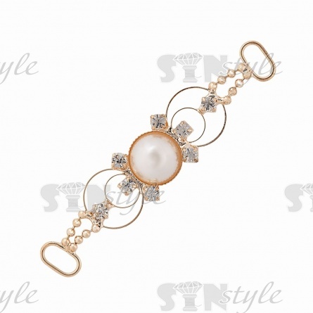 Декоративное украшение пришивное металлическое, цвет золото+белые бусины/белые стразы, размер 73*15 мм фото 1