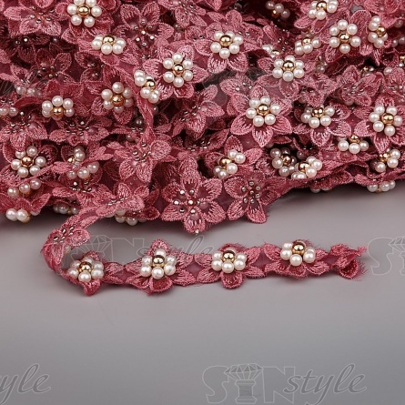 Кружево "Цветочки" украшено бусинами контастного цвета,на капроновой ленте, ширина 30 мм, цвет старо-розовый (55), намотка 20 ярдов фото 1