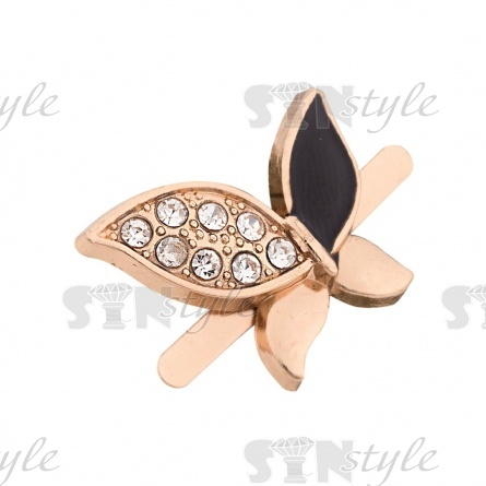 Брошь металлическая, крепление усики, цвет золотой+черный+белые стразы,размер 23х18 мм фото 2