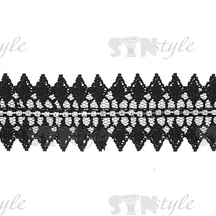 Кружево ажурное на сетке с цепочкой из страз, ширина 33 мм, цвет черный, стразы белые, намотка 15 ярдов  фото 1