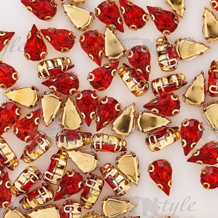 Стразы пришивные акриловые в цапах, форма капля, цвет золото+красный, размер 6х10мм, 200 шт/уп фото 3