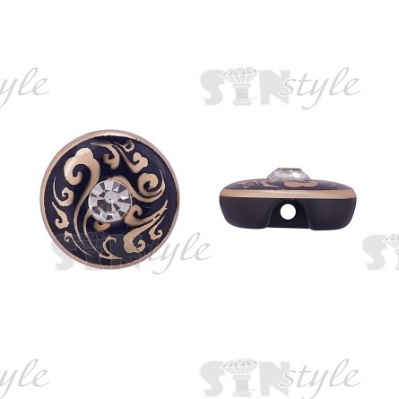 Пуговица пластиковая на полуножке, размер 20L, круглой формы, цвет черный, золотой арнамент, белая страза фото 1