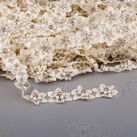 Кружево "Цветочки" украшено бусинами, на капроновой ленте, ширина 30 мм, цвет шампань, намотка 20 ярдов, #21 фото 1