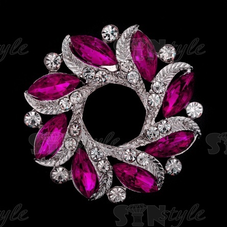 Брошь со стразами, размер 52 мм, цвет никель+белые/ярко-розовые стразы, застежка булавка фото 1