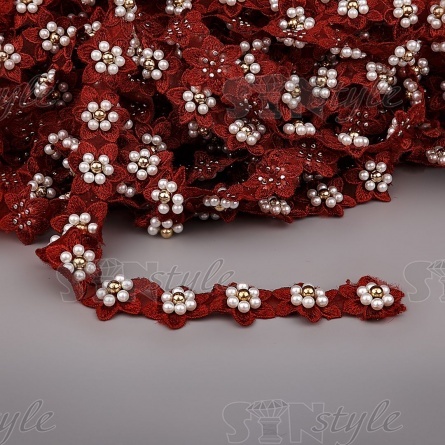 Кружево "Цветочки" украшено бусинами контрастного цвета, на капроновой ленте, ширина 30 мм, цвет бордовый, намотка 20 ярдов фото 1