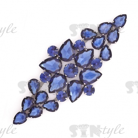 Декоративное украшение со стразами пришивное, цвет темный никель+синие стразы, размер 175х70 мм фото 1