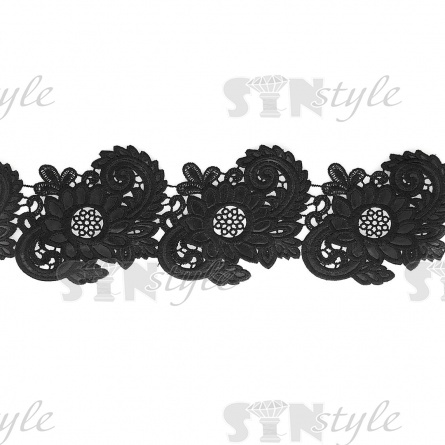 Кружево кожаное, нежная цветочная  гирлянда в обрамлении листьев и причудливых узоров, ширина 110 мм, намотка 10 ярдов, цвет черный фото 1