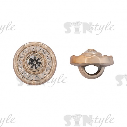 Пуговица пластиковая на ножке, размер 18L, форма круглая с волнистыми краями, цвет золотой, в центре шляпки белая страза фото 1