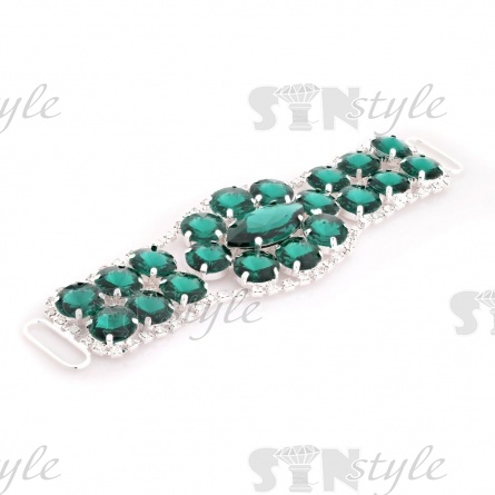 Декоративное украшение пришивное металлическое, цвет никель+зеленые стразы, размер 160*50 мм фото 2