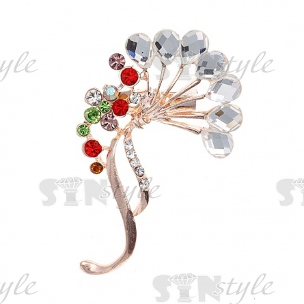 Брошь со стразами, размер 32х55 мм, цвет золото+белые/цветные стразы, застежка булавка фото 1