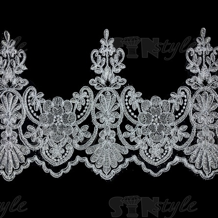 Кружево гипюр, тонкое изящное кружево с цветочным узором, ширина 235 мм, намотка 10 ярдов, цвет сияющий белый  фото 2