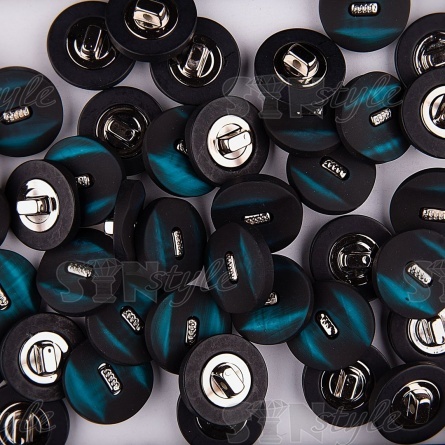 Пуговица пластиковая на ножке, черная с бирюзовым, 28L фото 3