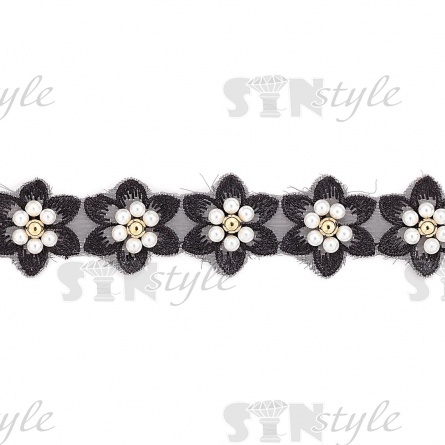 Кружево "Цветочки" украшено бусинами контрастного цвета,на капроновой ленте, ширина 30 мм, цвет черный, намотка 20 ярдов фото 3