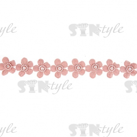 Кружево Цветочное со стразами, красивая цветочная гирлянда с белой стразой в центре цветка, ширина 40 мм, цвет грязно-розовый/стразы белые, намотка 10 ярдов фото 3