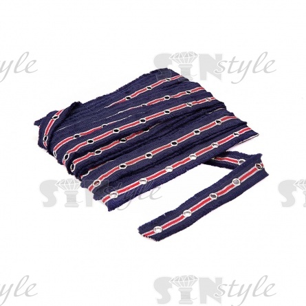 Декоративная тесьма с люверсами, цвет синий с красным, ширина 25 мм, намотка 15 ярдов фото 3