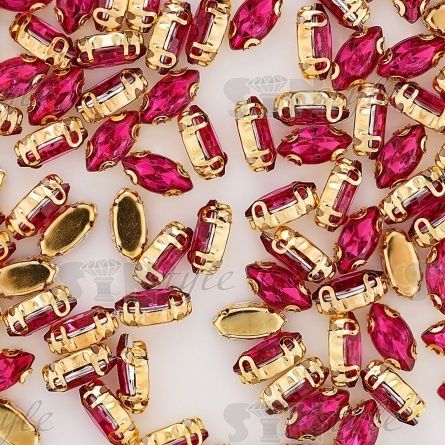 Стразы пришивные акриловые в цапах, форма лодочка, цвет золото+малиновый, размер 5х10 мм, 200 шт/уп. фото 3