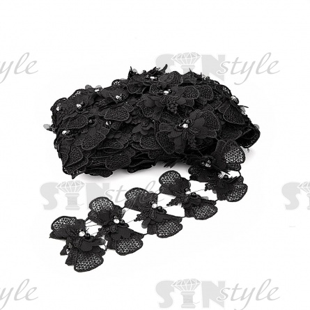 Нежное ажурное кружево из бантиков, декорированное белыми стразами и бусинами в цвет кружева, ширина 75 мм, цвет розовый, намотка 10 ярдов фото 1