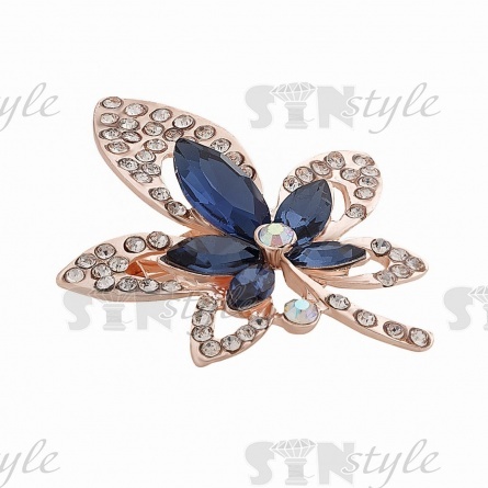 Брошь металлическая со стразами, застежка булавка, цвет золото+белый+синий, размер 38х48 мм фото 2