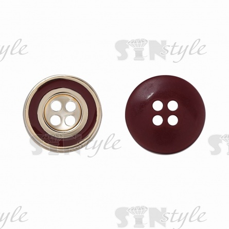 Пуговица пластиковая на четыре прокола, золотая/бордовая, 24L фото 1