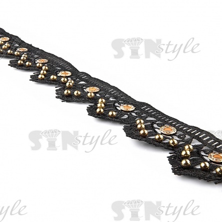 Кружево ажурное с золотыми люверсами, бусинами и белыми стразами, ширина 60 мм, намотка 15 ярдов, цвет черный фото 3