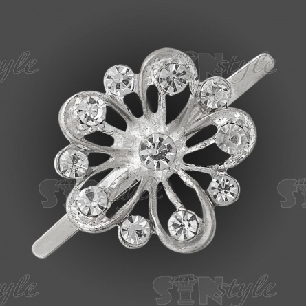 Брошь металлическая, крепление усики, диаметр 20 мм, цвет серебряный+белые стразы фото 1