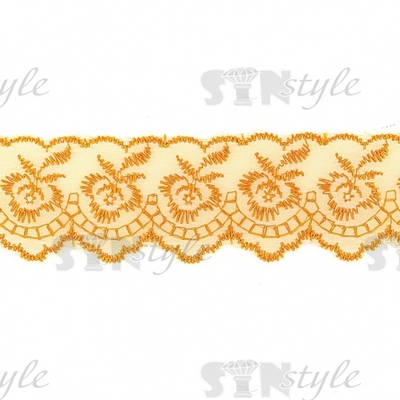 Кружево декоративное, нежная вышивка на тонкой капроновой основе, ширина 40 мм, цвет желтый (157), намотка 10 Y фото 1