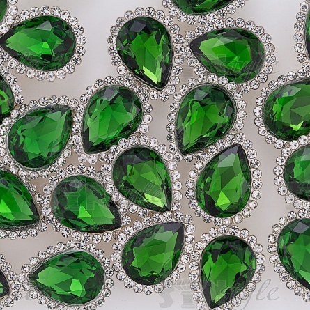 Стразы пришивные стеклянные в оправе, форма капля, цвет серебро+зеленый+белый, размер 10х14 мм, 112 шт/уп  фото 4