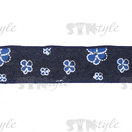 Джинсвая лента с цветочным принтом голубого цвета, ширина 40 мм, намотка 20 ярдов фото 3