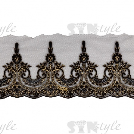 Кружево на черной сетке с золотым и черным глиттером, ширина 21 мм, намотка 15 ярдов фото 2