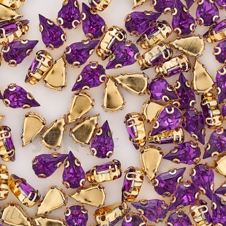Стразы пришивные акриловые в цапах, форма капля, цвет золото+фиолетовый, размер 6х10мм, 200 шт/уп. фото 3