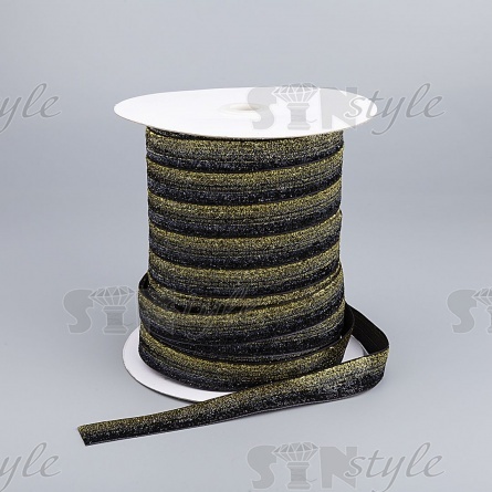 Лента бархатная с люрексом, ширина 20 мм, цвет черный+золотой, намотка 100 ярдов фото 3