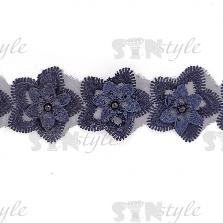 Кружево "Цветочки" украшено бусиной,  на капроновой ленте, ширина 55 мм, цвет темно-синий, намотка 20 ярдов фото 3