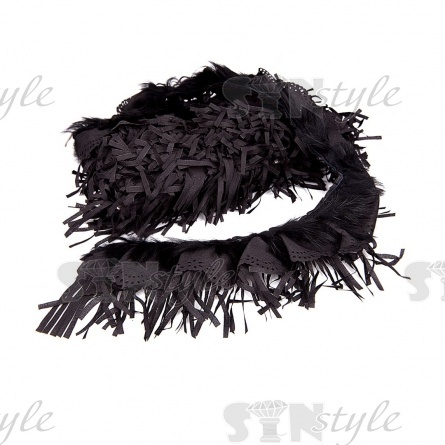 Кружево с отделкой, кружево с плотной бахромой и с элементами из меха по краю изделия по всей длине, ширина  90мм, намотка 5 ярдов, цвет черный фото 3