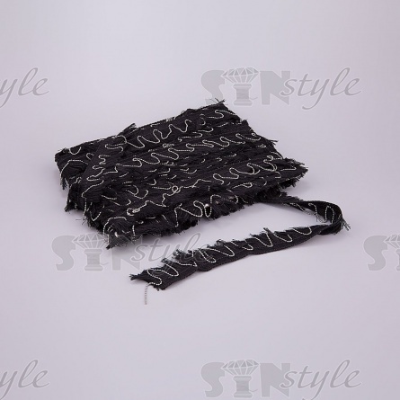 Декоративная тесьма с бахромой и металлической цепочкой, ширина 30 мм, цвет черный+темный никель, намотка 15 ярдов  фото 3