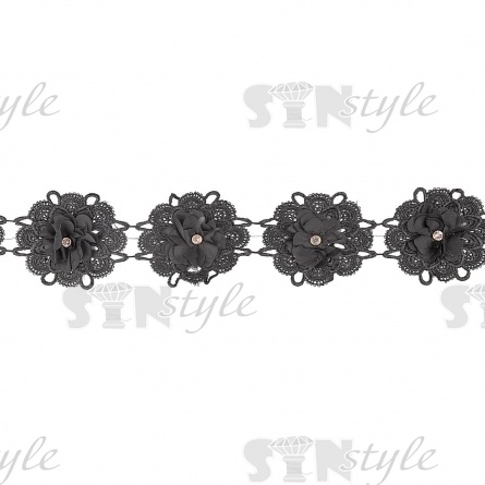 Кружево "Цветочное", на тонокой ажурной основе россыпь объемных цветов со стразой в середине каждого цветка,  ширина 90 мм, цвет черный, намотка 15 ярдов  фото 1