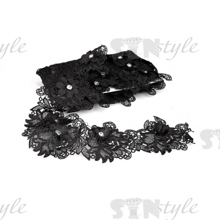Кружево ажурное с отделкой, нежная тонкая цветочная гирлянда на ажурной основе со стразой в центре цветка, ширина 80 мм, намотка 10 ярдов, цвет черный фото 3
