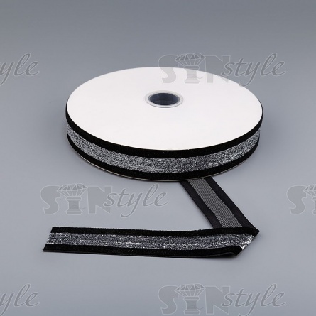 Лента бархатная с люрексом, ширина 25 мм, цвет черный+серебряный, намотка 25 ярдов фото 3