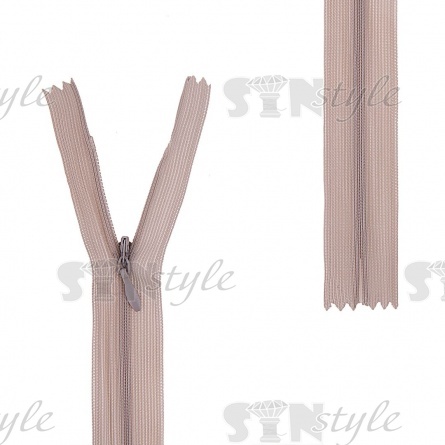 Молния спираль, тип 3, потайная, неразъемная, основа капрон, длина 50 см, цвет 309 (бежево-серый), бегунок цвета основы фото 1