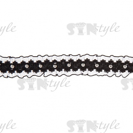 Декоративная тесьма-рюш, ширина 25 мм, цвет черный+клепки темный никель,  намотка 15 ярдов фото 1