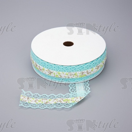 Декоративная лента на кружевной основе с цветочным принтом, цвет бирюзовый, ширина 30 мм, намотка 20 ярдов фото 1