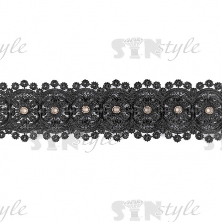 Кружево ажурное с цветочным орнаментом, украшенное золотыми люверсами и белыми стразами, ширина 95 мм, намотка 15 ярдов, цвет черный фото 1