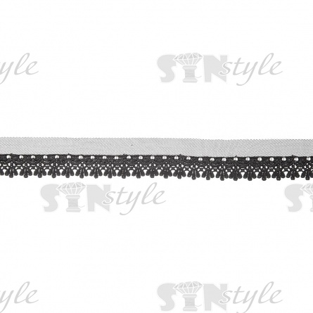 Тонкая ажурная тесьма на сетке черного цвета украшена клепками цвета никель, ширина 35 мм, намотка 15 ярдов фото 1