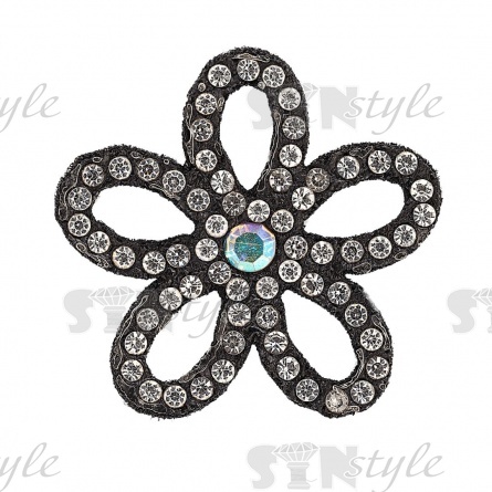 Аппликация "Цветочек" из страз, на фетровой основе, размер 35 мм, цвет черный+белые и радужные стразы  фото 1