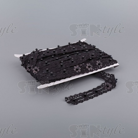 Декоративная тесьма отделочная кружевная на сетке с бусинами, цвет черный, ширина 30 мм, намотка 15 ярдов фото 2